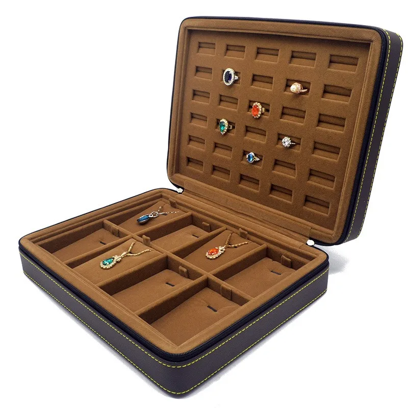 

High-quality leather zipper double-open portable jewelry box, ring stud earrings, pendant, necklace, storage box.