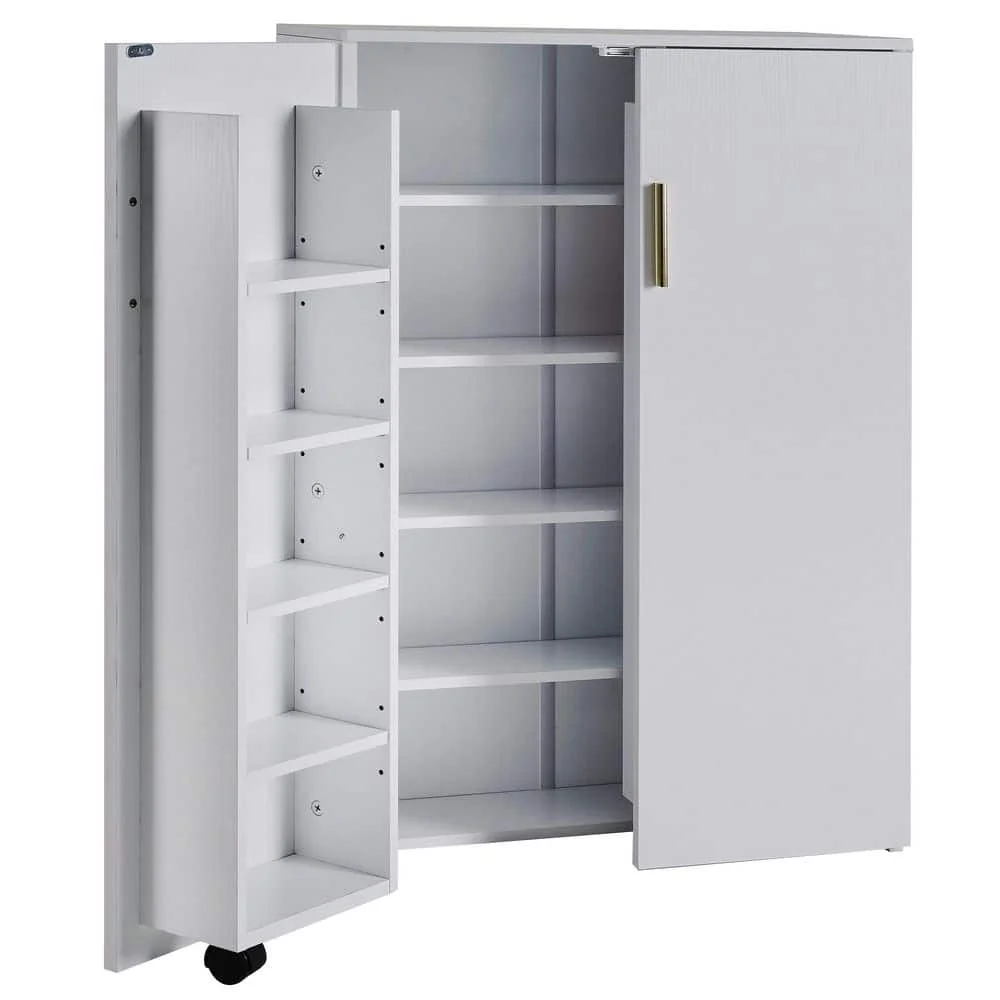 35.5 بوصة أبيض 35.5 بوصة. خزانة مكتبية مميزة، خزانة تخزين صغيرة للمطبخ مع بابين وعجلتين