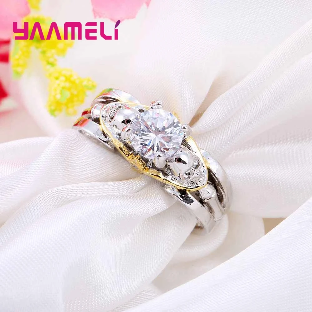 Personality Skull Round Crystal Stone Ring Engagement Bride Wedding Jewelry 925 Sterling Silver CZ For Women