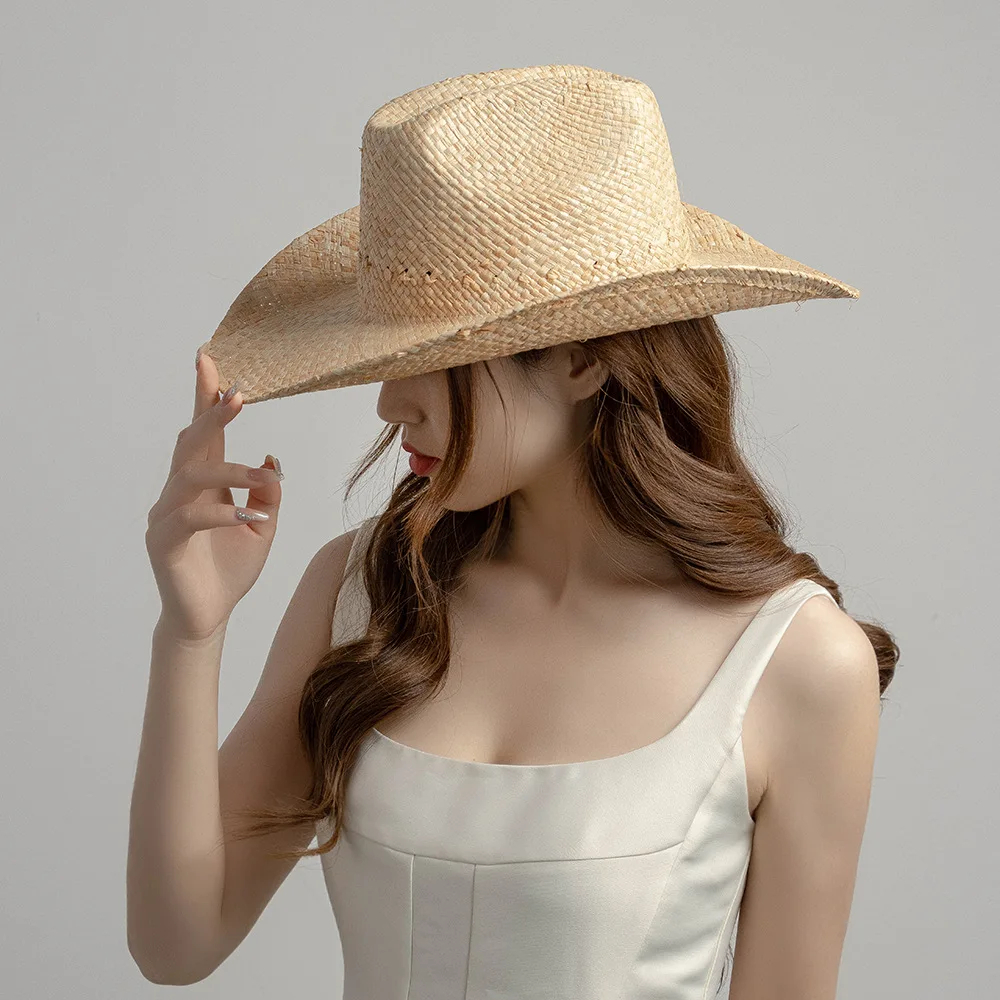 Unisex Summer Sun hats Natural Straw hats  Hollow Hand-woven Raffia Cowboy Hat  Two sizes available