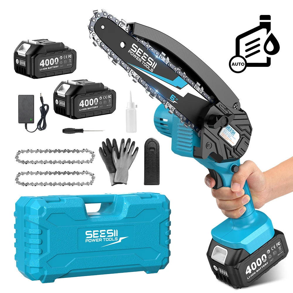Seesii 6'' Mini Cordless Chainsaw 900W Powerful Electric Chain Saws w/Oiler System Tree Pruning tool for Makita 18V battery pin