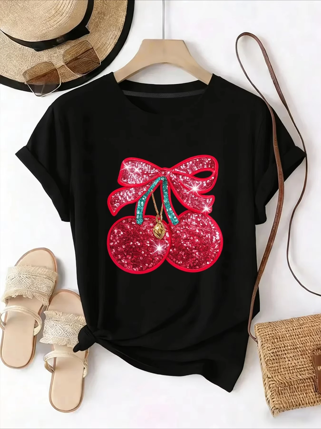 Unisex T‑shirt Glitter Cherry Bow Graphic Tee Crew Neck Short Sleeve Sparkle Fruit Bowknot Print Sweet Casual Summer Street Top