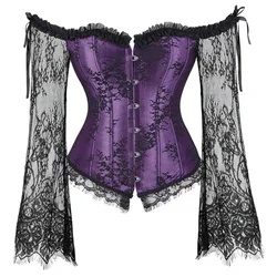 Corset Top With Sleeves Lace Up Bustier Plus Size Korsett For Women Jacquard Floral Gothic Gorset Renaissance Sexy Costumes