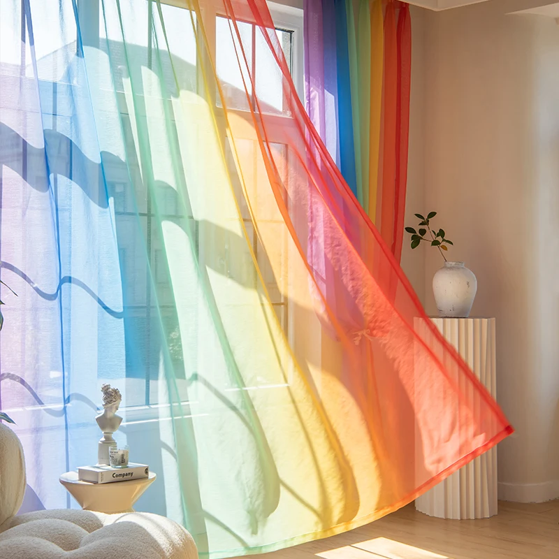 1pc Modern Rainbow Gradient Striped Window Curtain, Polyester Semi-sheer, Washable Hand Wash Only, Rod Pocket & Eyelet Hanging,