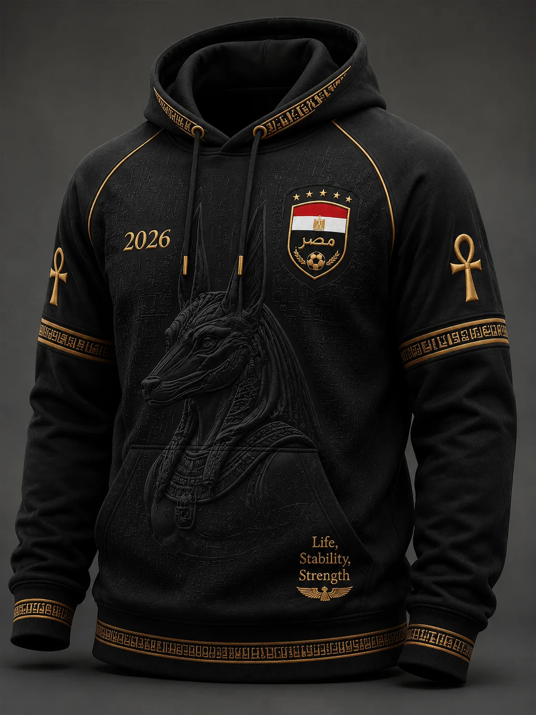 2026 Men Egypt National Team Raglan Football Hoodie Full Ancient Egyptian Relief Jacquard Quick Dry Breathable Fan Sport Hoodie
