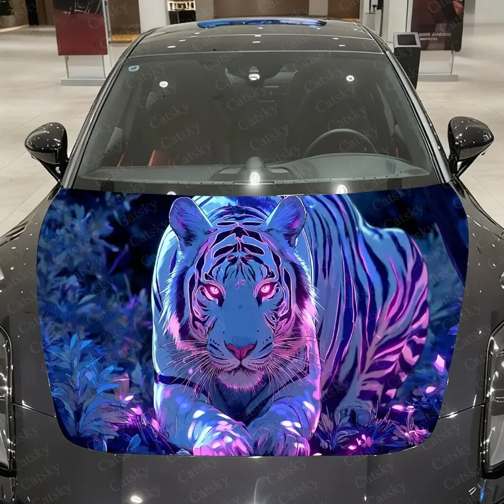 Cyber Light Tiger Hiding in Night Forest Car Vinyl Wrap, PVC Material Waterproof Car Hood Sticker, Self-Adhesive Scratch-Resista