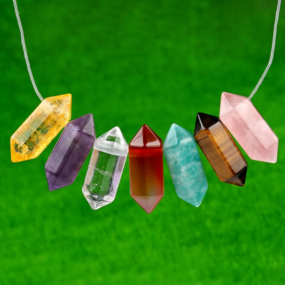 Small Hexagonal Pendant Natural Crystal Stone Amethysts Citrines Opal Quartz Pendulum Double Pointed Bullet Pendant Healing