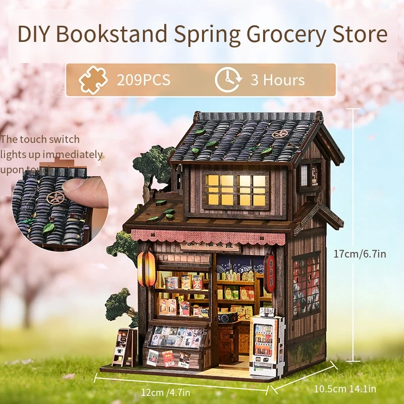Spring Grocery Shop 3D Wooden Toy Home, Handmade Assembled Creative Book Nook Model, Decorative Toy Gift for Home