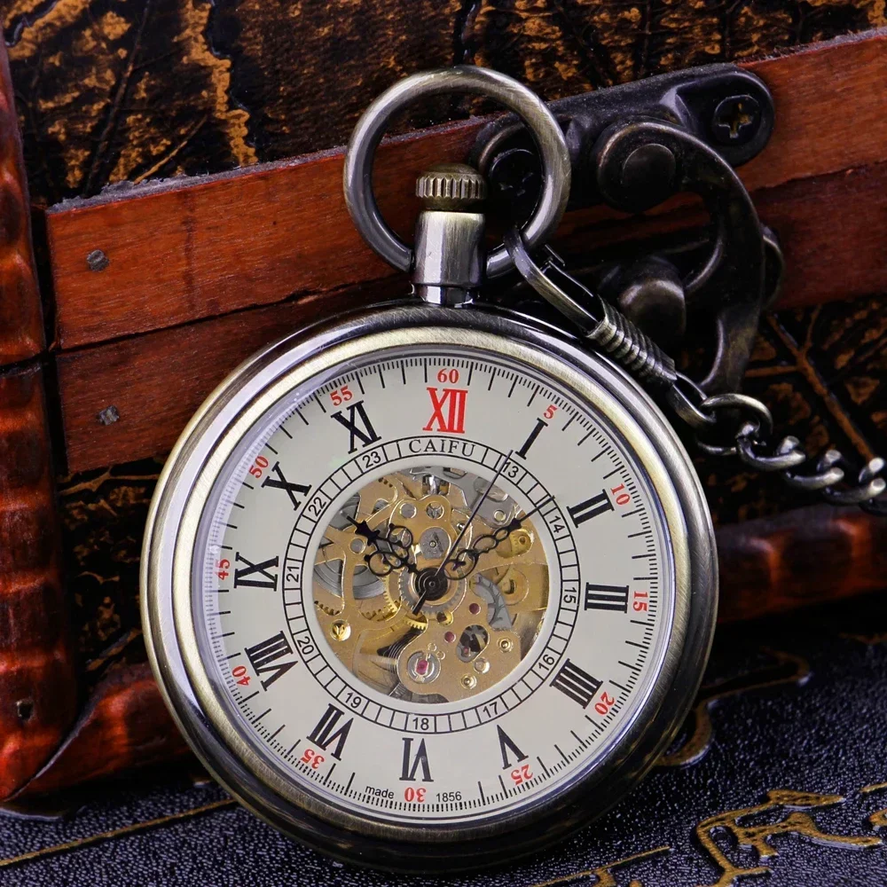 Open Face Roman Numerals Display Automatic Pocket Watch Bronze Metal Case Retro Punk Pendant Self Winding Pocket Clock