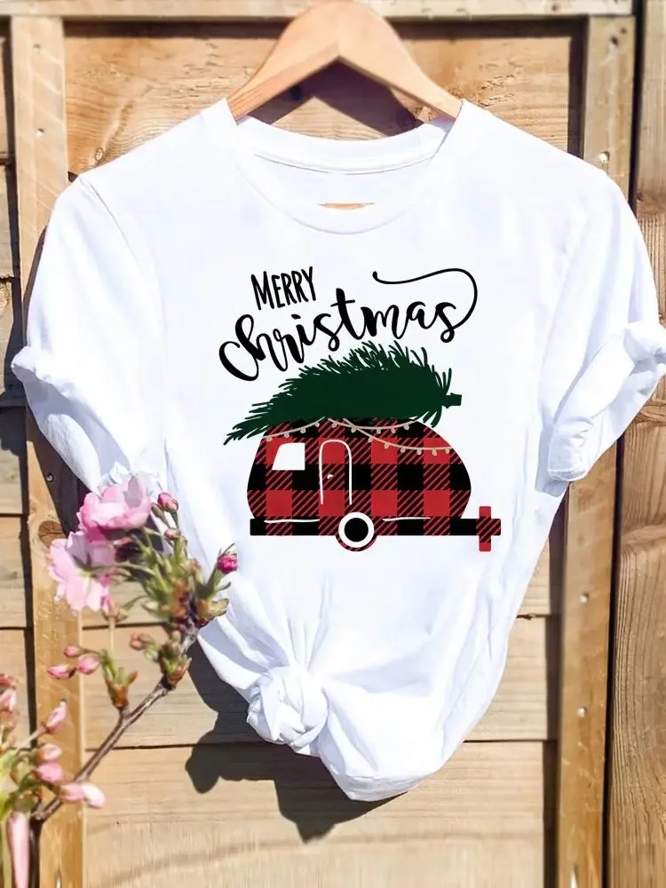 Merry Christmas Plaid Truck Letter 90s New Year HolidayFashion Female Print T Top Women Shirt Clothing T-shirts  Graphic Tee