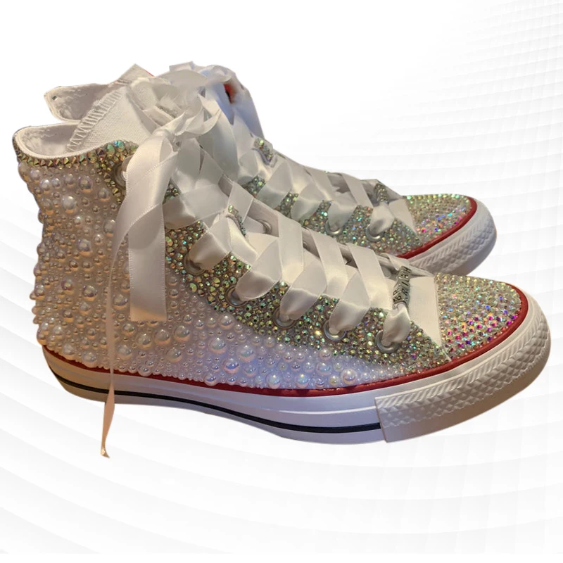 

Beige White High Top Sneakers Rhinestone Ribbon Canvas Shoes Comfortable Walking Handmade Rhinestone Vulcanized Shoes 35-46