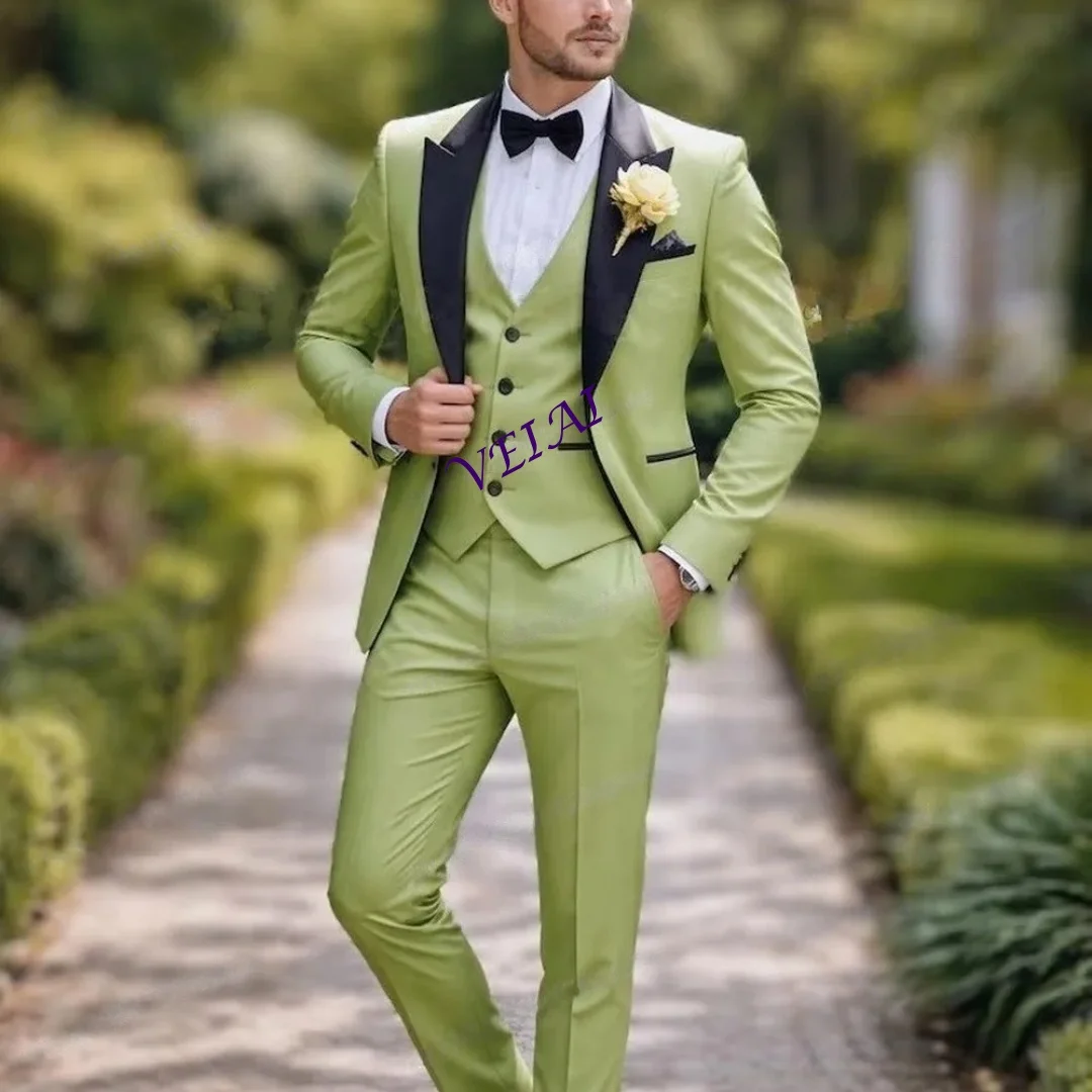 

CustomizedBlack Collar Light Green Men Suit Formal Groom Groomsman Wedding Party Prom Male Business Tuxedos 3 Piece Set Blazer V