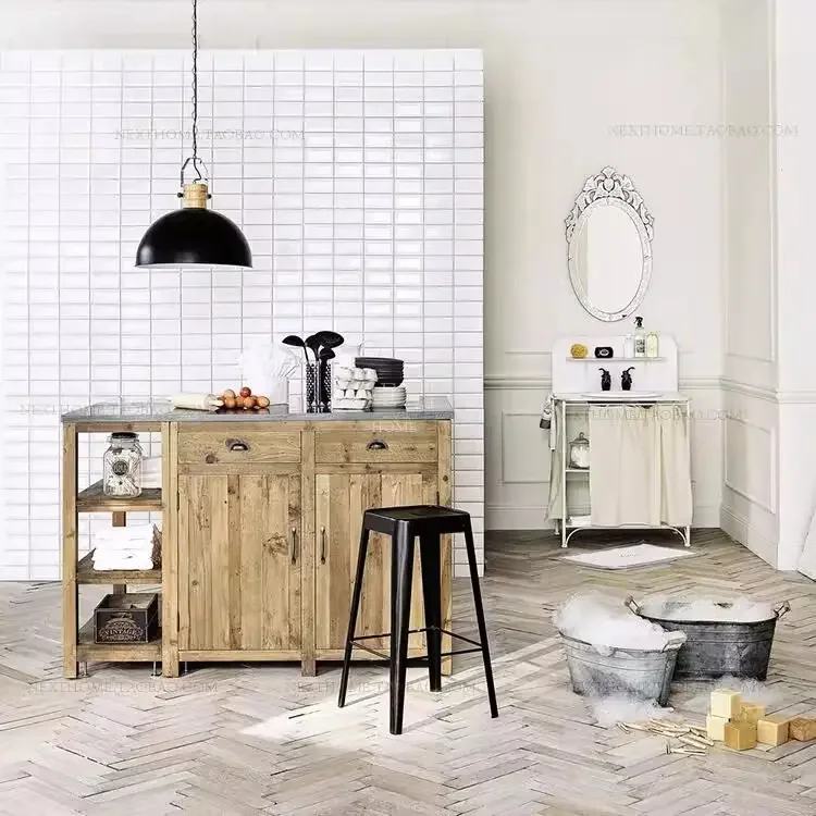 TAO  American rural solid wood mid-island kitchen retro style old storage side cabinet operation table