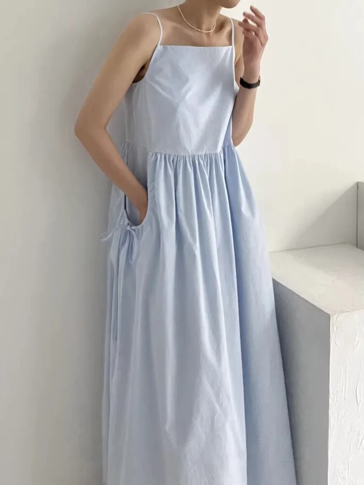 

Chic Summer High Waist Dstring Belted ket Design Square Ne Slimming Strap Dr Women's Korean Sle Long Skirt