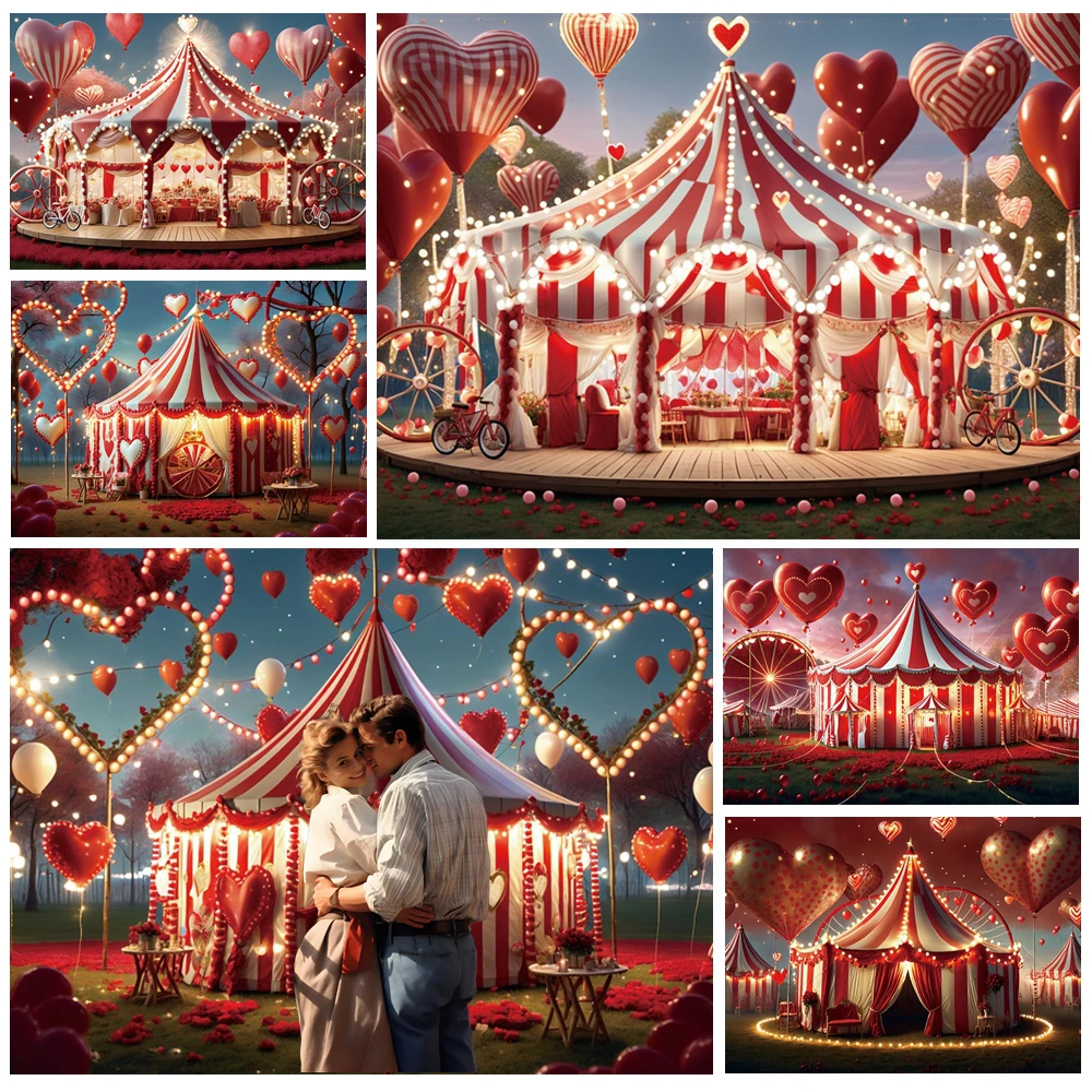 

MOON.QG Magical Valentine's Day Circus Photography Background Heart Balloons Festive Light Tents Backdrop Wall Couple Studio