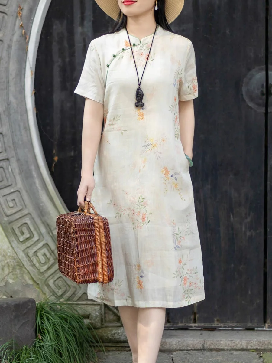 ชุดเดรสผ้าฝ้ายลินินสไตล์จีนเซนแบบใหม่สำหรับผู้หญิง ลายปักดอกไม้สไตล์เรโทร น้ำหนักเบา เหมาะสำหรับฤดูร้อน