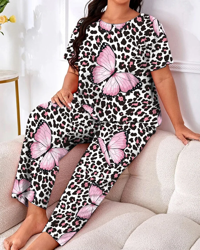 Summer Two-Piece Fashionable New Style Plus Size Printed Short Sleeved Top Pants Pajamas Two-Piece Set for Women