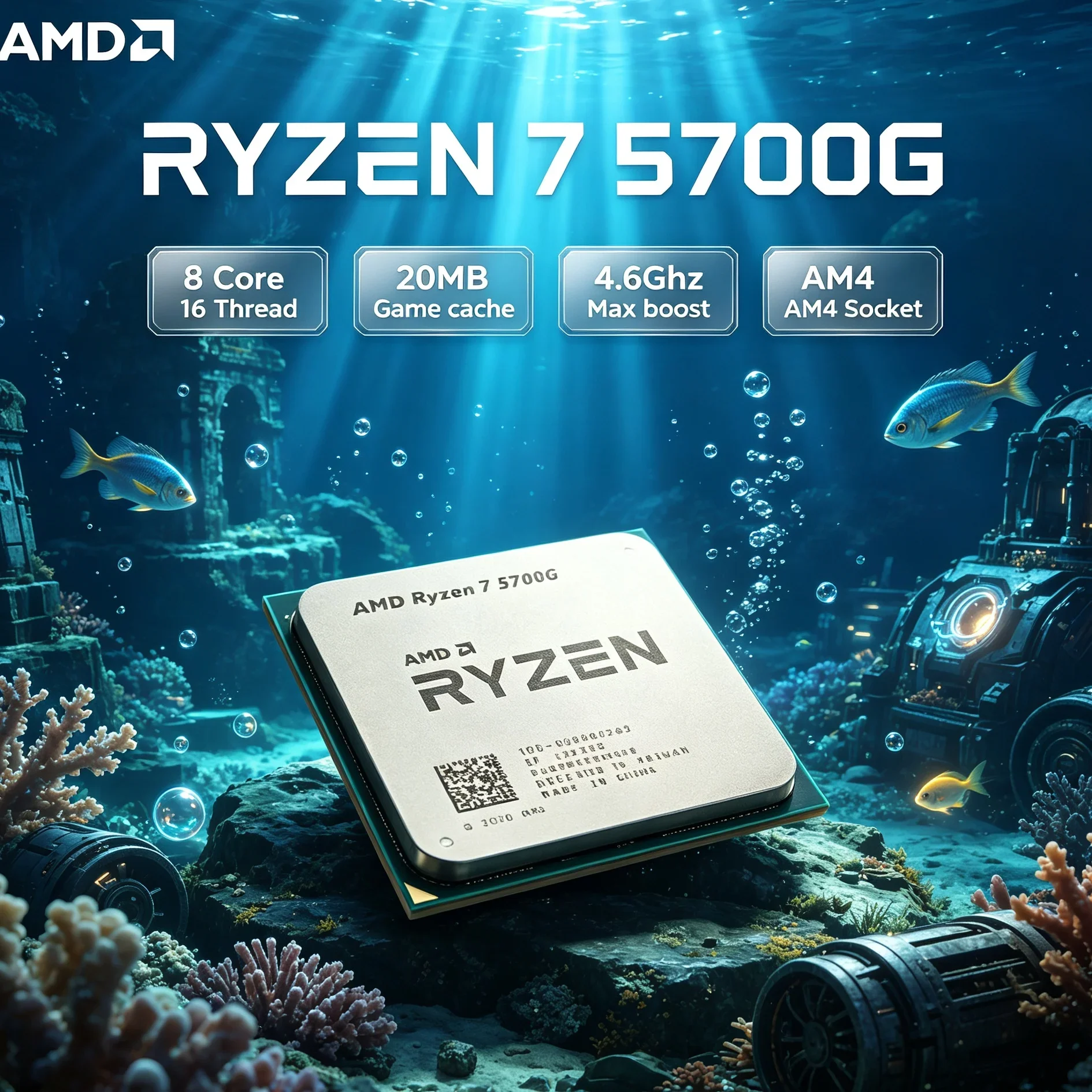 AMD Ryzen 7 5700G Photo Editing & Design PC CPU, 8-Core 16-Thread AM4 APU with Radeon 4.6GHz 65W DDR4, Without Cooler