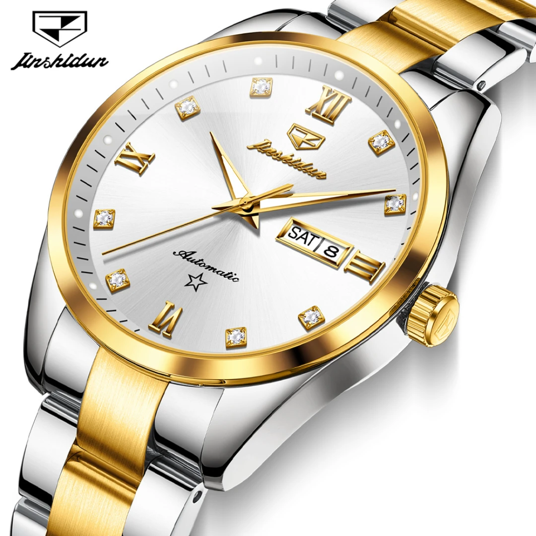 JSDUN 8963 Fashion Mechanical Watch Gift Round-dial Stainless Steel Watchband Wristwatch Week Display Calendar Luminous