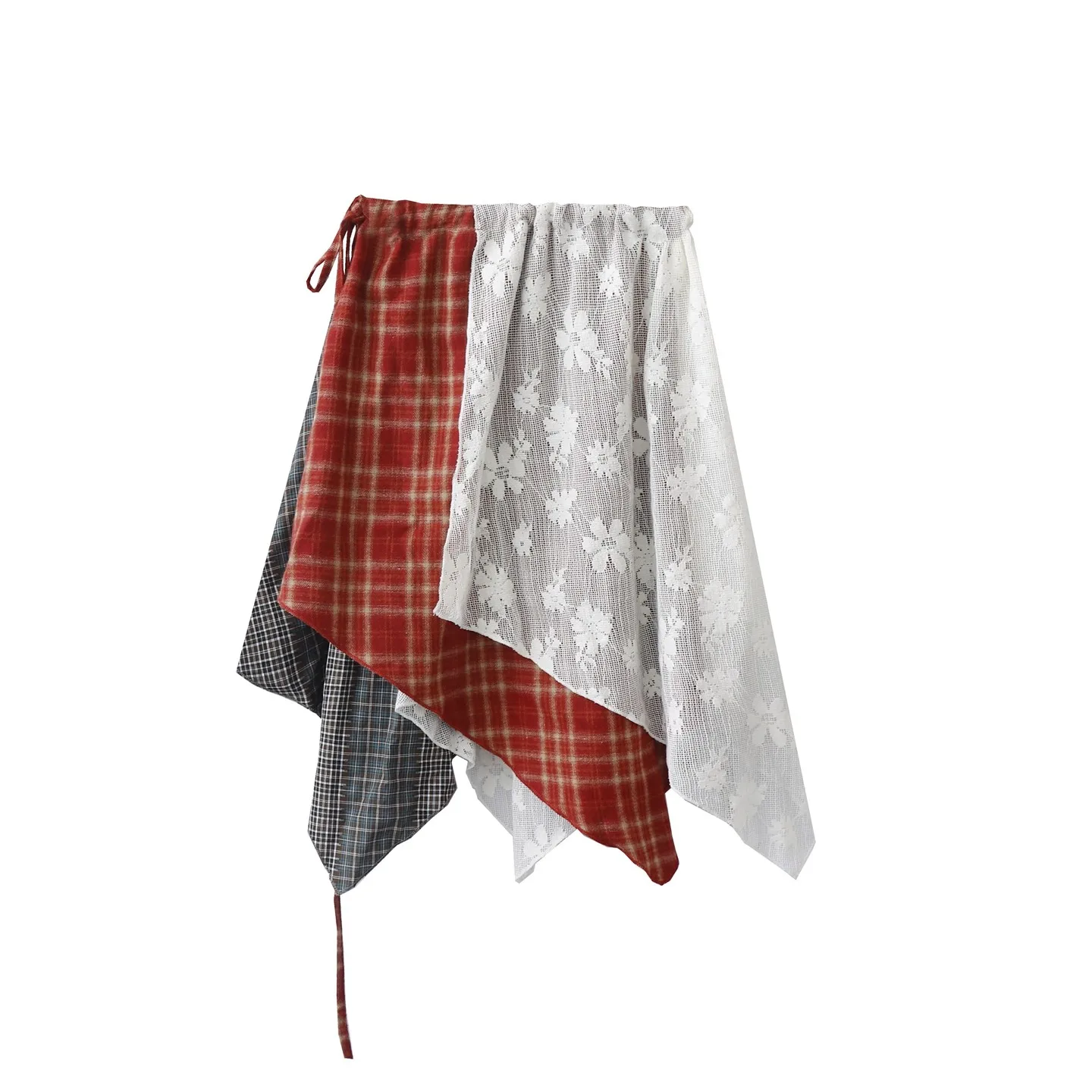 Y2K Forest Style Plaid Skirt Women Irregular Lace Splicing Layering One Piece Lace Up Skirt Curtain Style