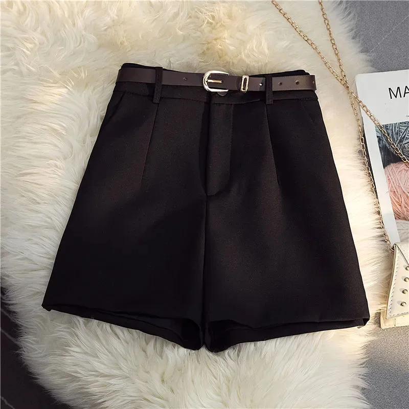 Casual With Belt Suit Shorts Women Summer High Waist Loose Casual Wide Leg Shorts Korean Chic Office Lady All-match Shorts