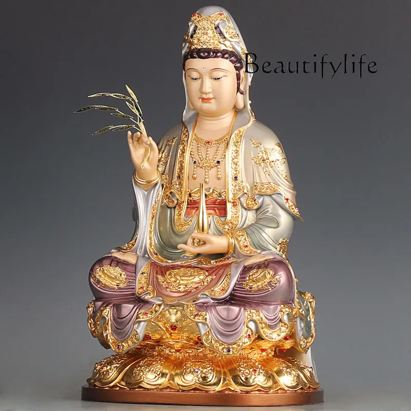 Enamel gold Guanyin Buddha statue is dedicated to household pure copper Guanyin statue Guanyin Bodhisattva ornament