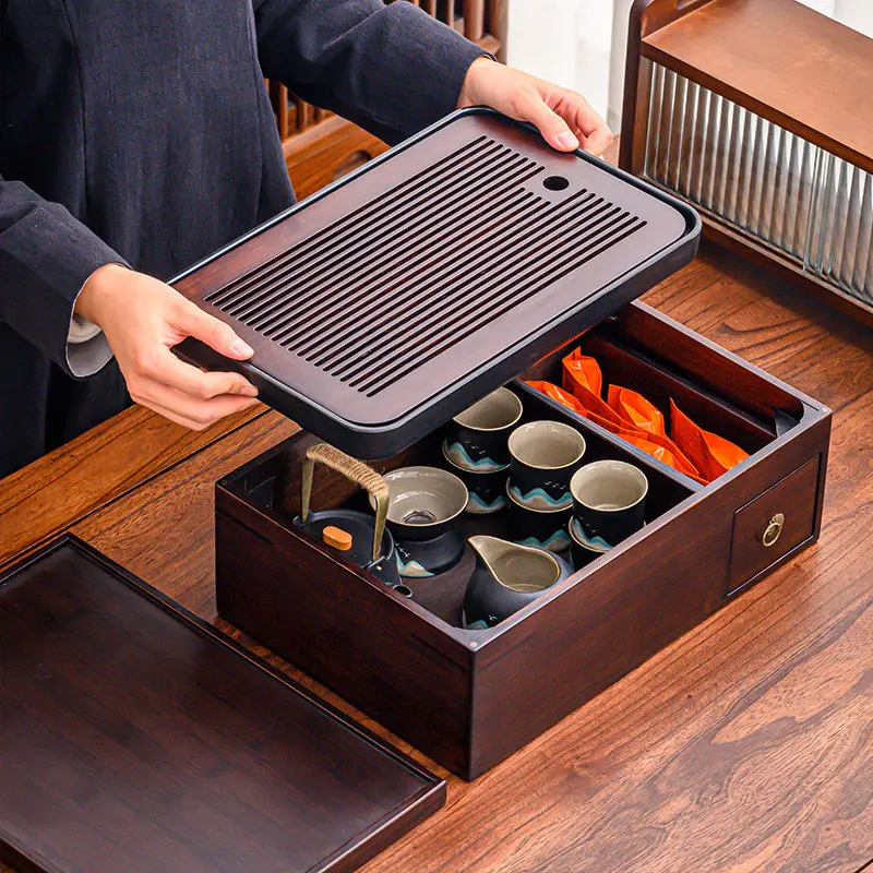 All-in-One Travel Tea Set, Foldable Bamboo Tea Tray with Storage & Ceramic Cups - Portable Tea Kit for Camping, Office