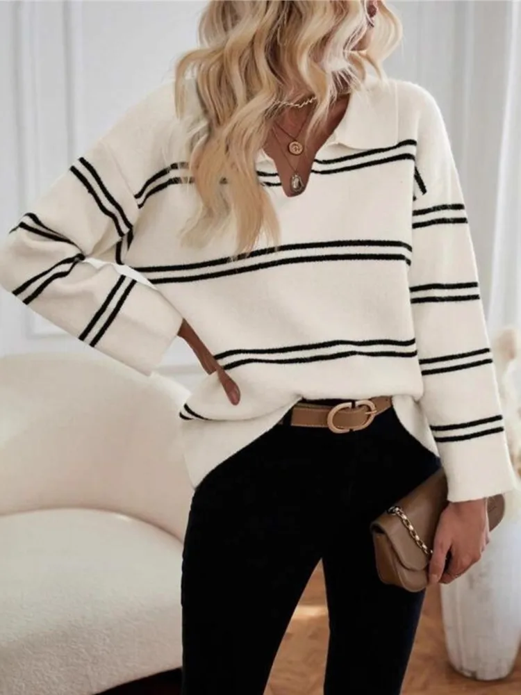 

Winter Clothes Woman Pulls Femmes Loose Vneck Striped Contrast Long-sleeved Pullover Polo Sweater All-match Simple Style Sweater
