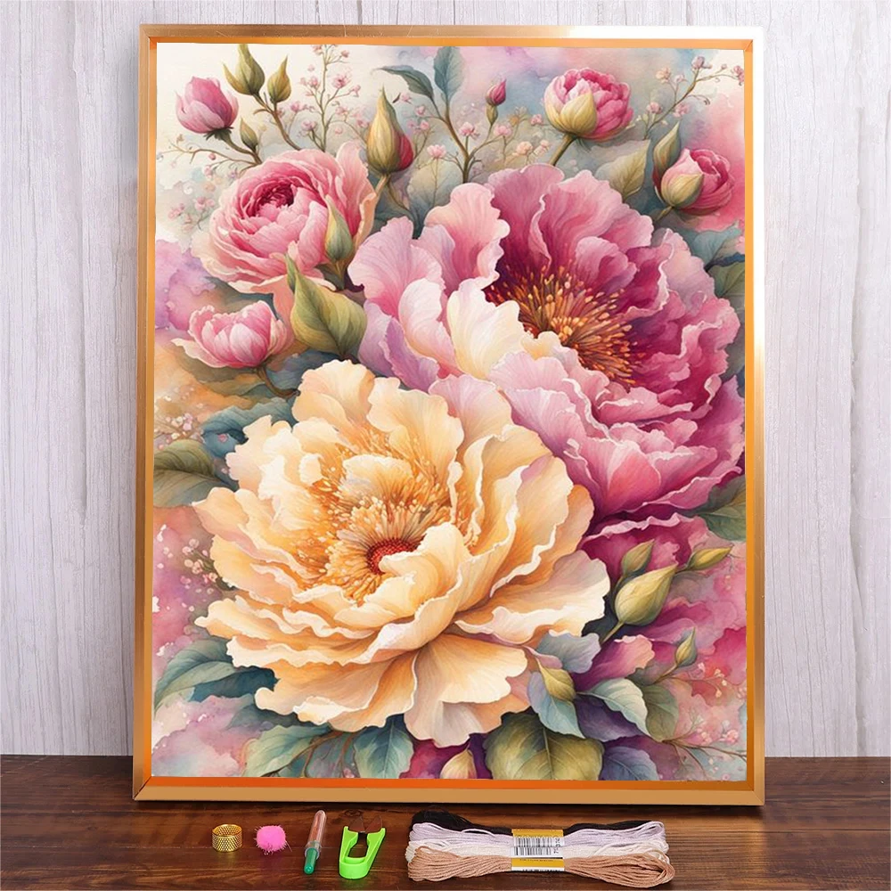 

Peony Flowers Pattern DIY Cross Stitch Embroidery Kit Handmade Sewing Supplies Print Embroidery Materials Package Needlework Set