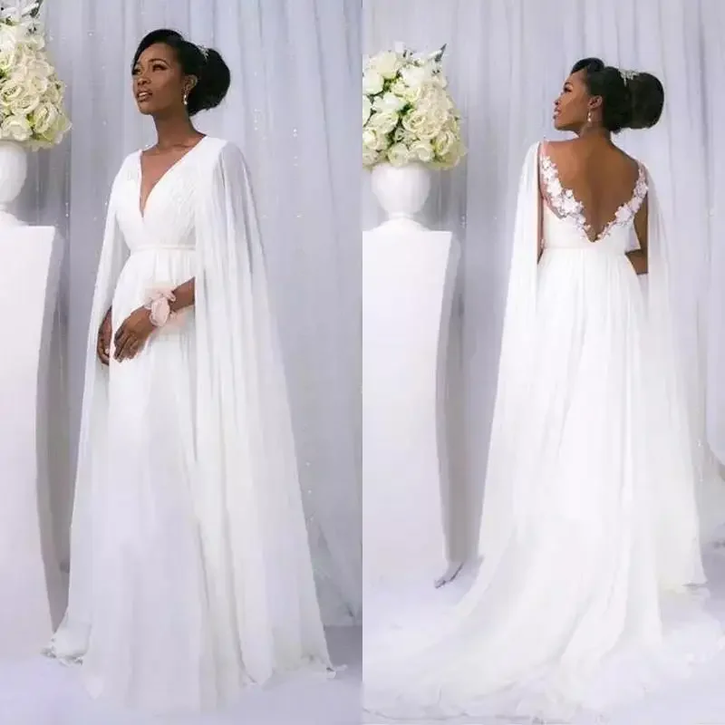 Customize African White Chiffon Cape Sleeve Beach Country Wedding Dresses Cheap Backless V Neck Maternity Bridal Gowns Custom Ma