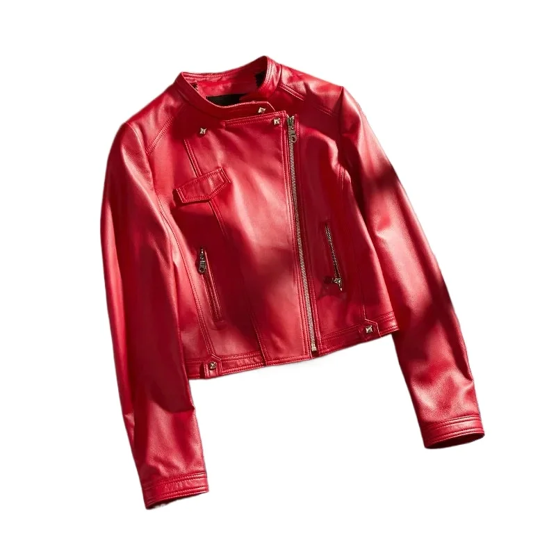 Tajiyane, chaquetas de cuero genuino para mujer, chaqueta de motociclista delgada, abrigo de piel de oveja auténtica, abrigos de cuero rojo a la moda, Veste Cuir Femme SGG