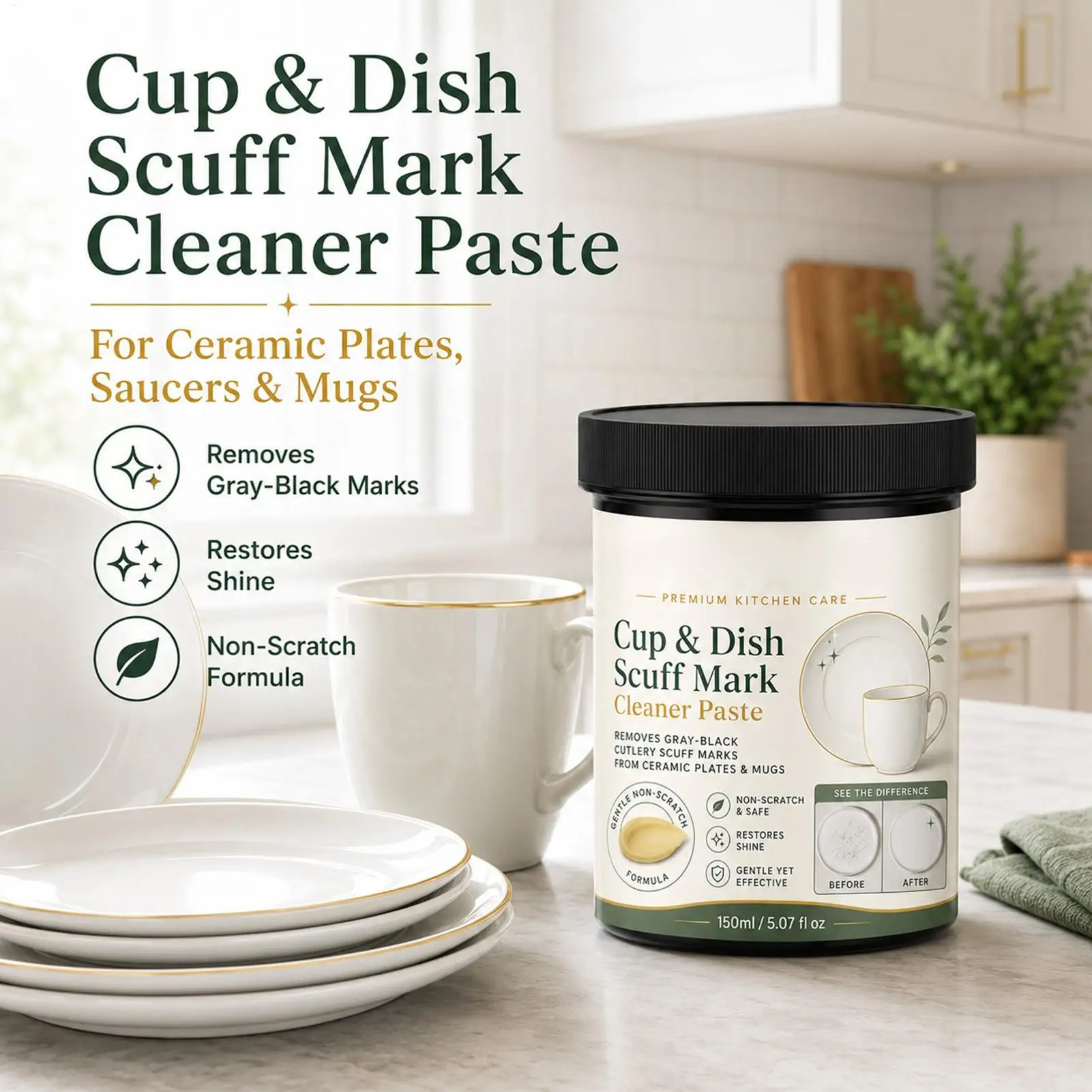 Ceramic Tableware Cleaning Cream 150ml Metal Mark Removal Deep Cup Dish Scuff Mark Cleaner Paste for Pottery Plates Bowls