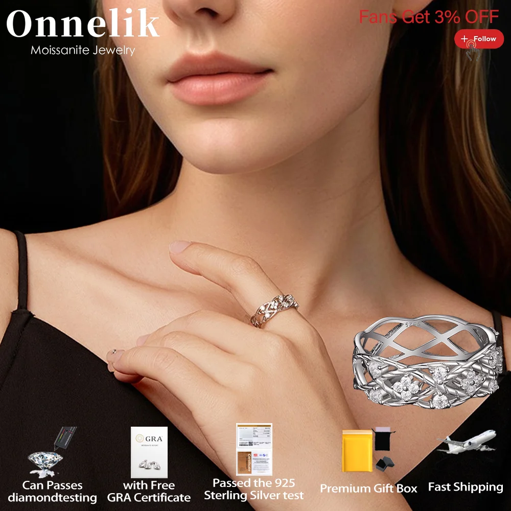 

Onnelik Full Moissanite Lucky Flower Vine Ring with GRA 925 Sterling Silver Rings for Women Wedding Bands Fine Jewelry Gifts