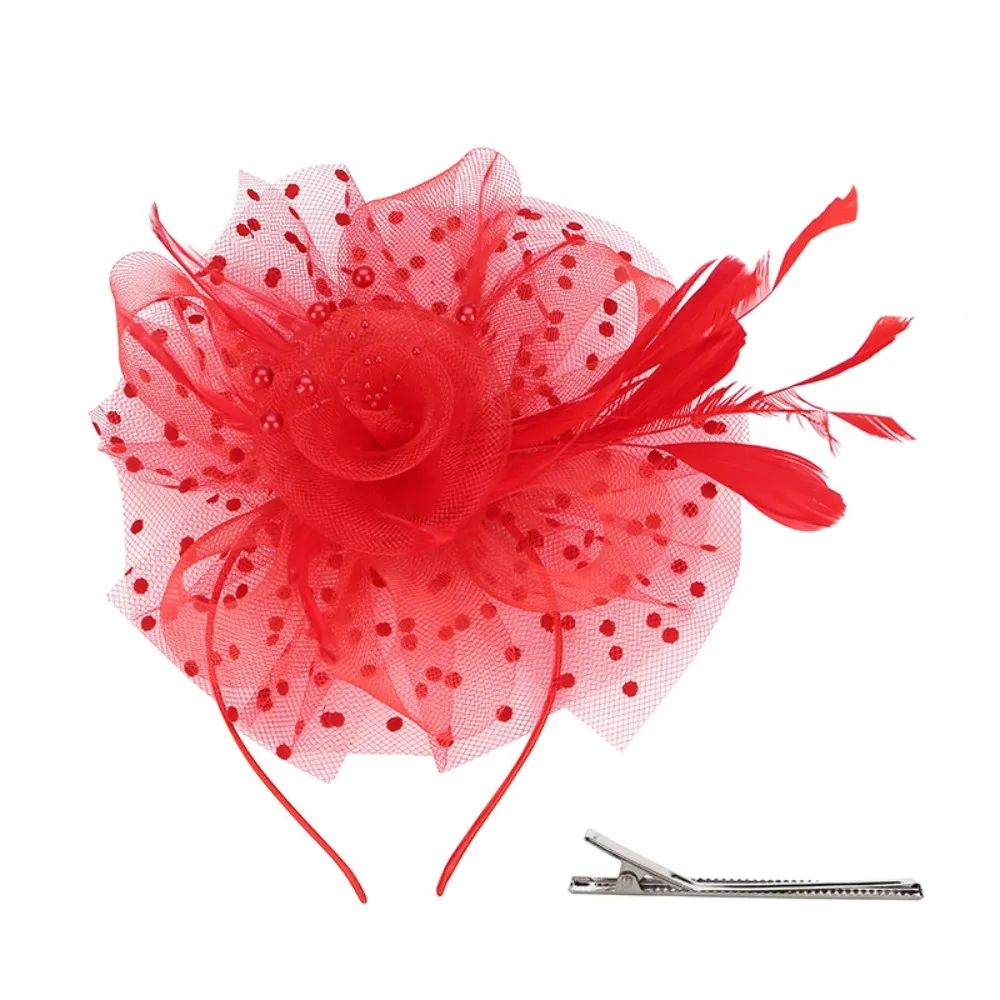 

Изысканный головной убор с перьями для вечеринок, элегантная сетчатая повязка для волос в стиле милого чаепития, ободок для волос в горошек, свадебный головной убор для невесты