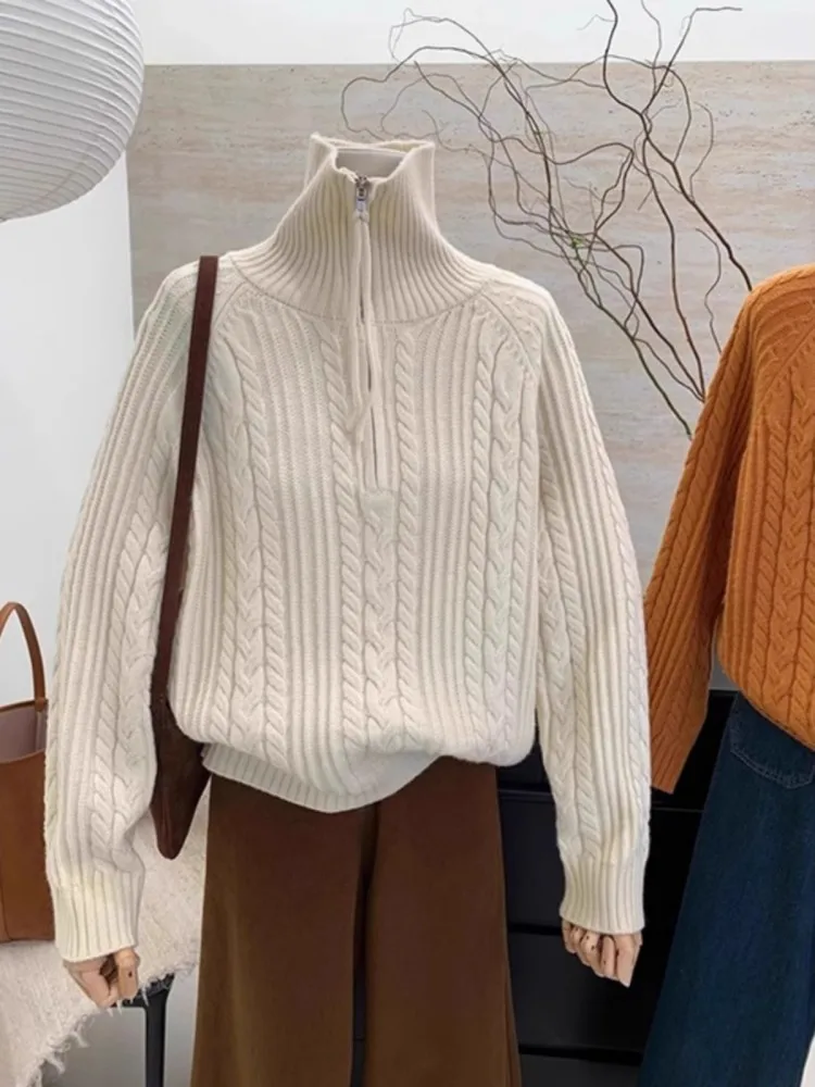 سترة نصف سحاب برقبة عالية للنساء في الخريف والشتاء، مع ياقة برتقالية يقطين وبلوزة فضفاضة سميكة