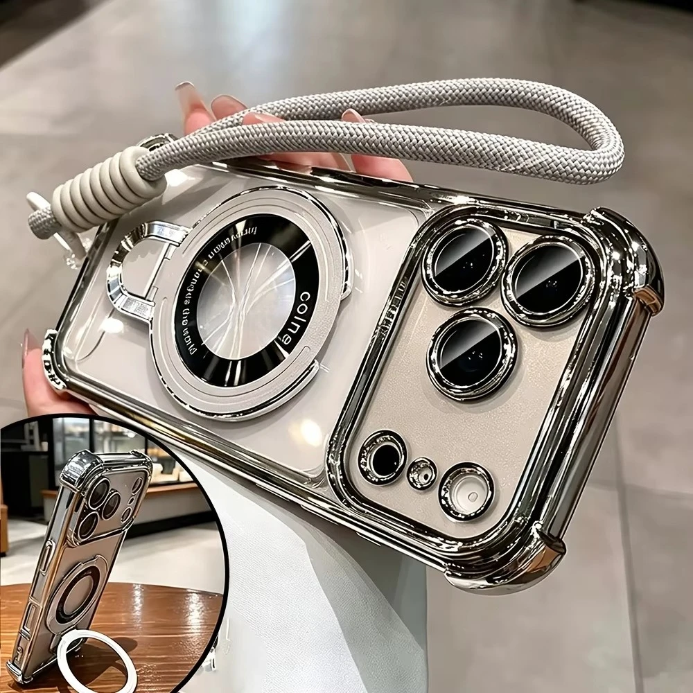 Luxury Plating For Magsafe Magnetic Bracket Case For iPhone 18 17 16 15 14 Plus 13 Pro Max Holder Wrist Strap Anti-Drop Cover