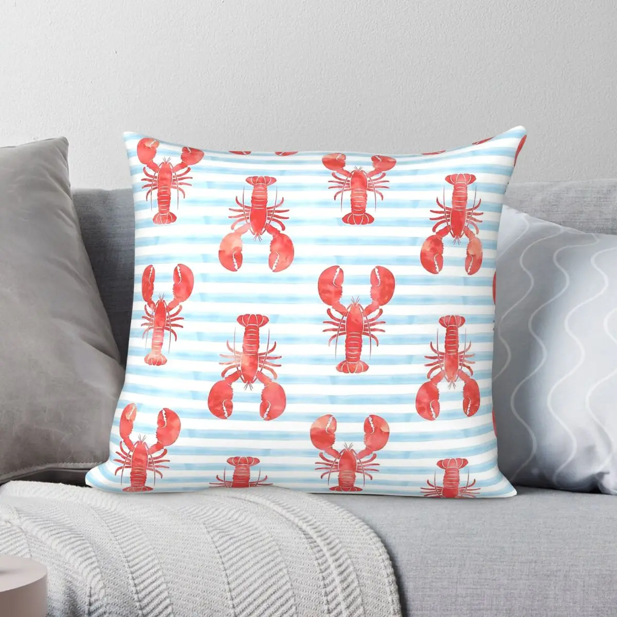 Lobsters On Blue Stripes Pillowcase Polyester Linen Velvet Printed Zip Decorative Throw Pillow Case Sofa Cushion Cover 45x45