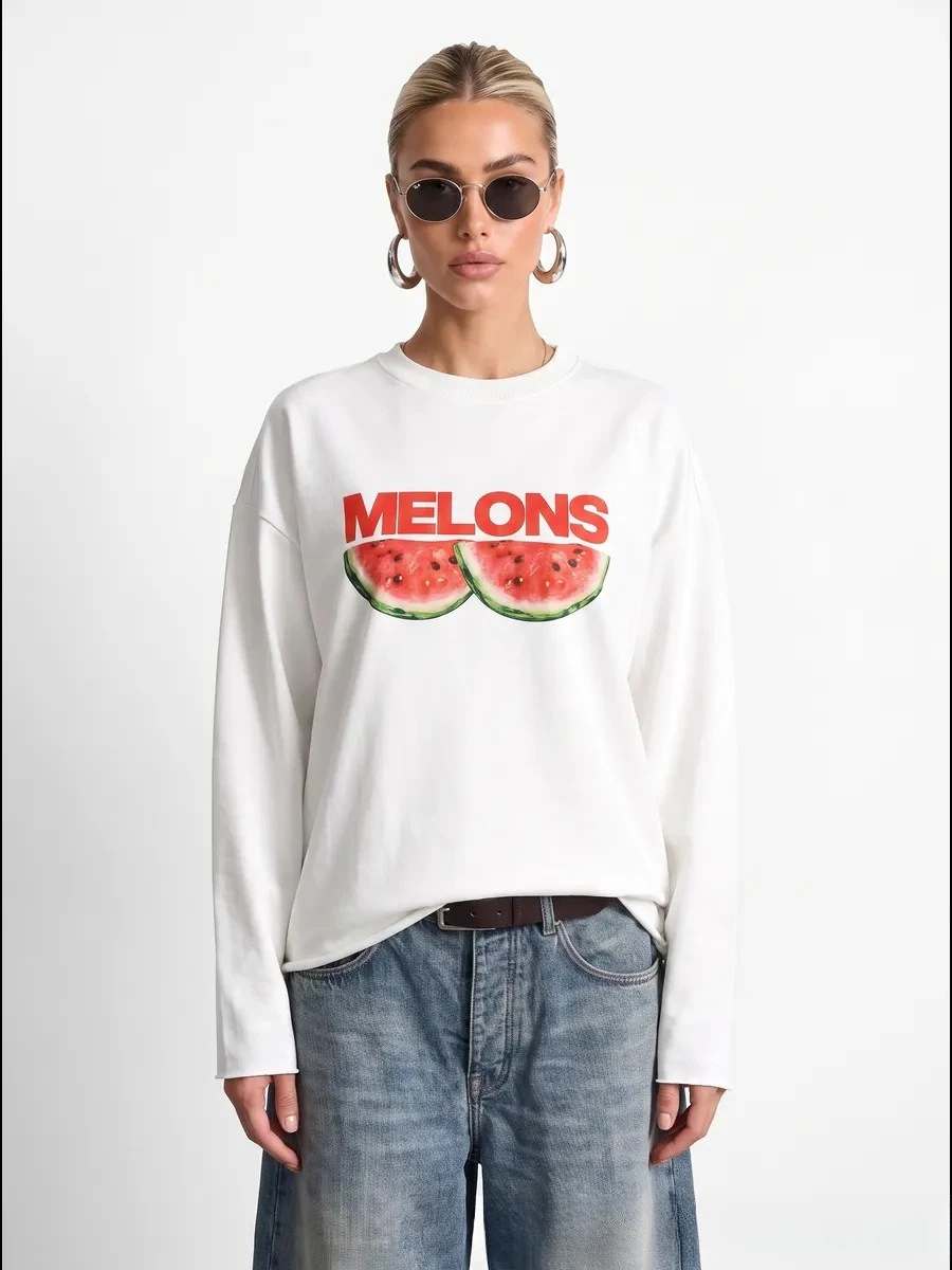 Women Letter Watermelon Graphic Print T‑Shirt 100% Cotton Long Sleeve Raw Hem Loose Oversized Autumn Casual Ladies Top