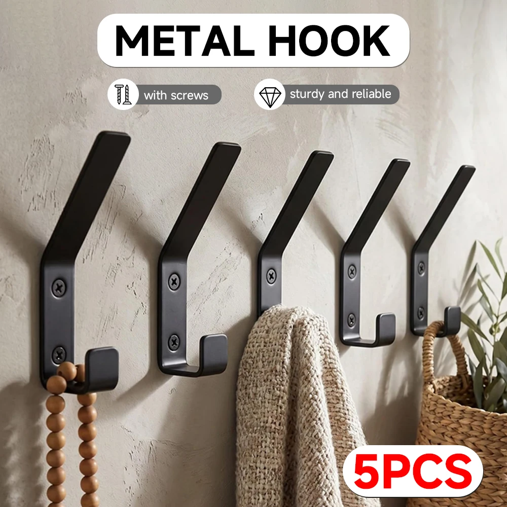 Coat Hooks For Wall Mount Set of 5 - Stylish and Sturdy Black Metal Double Hooks Are Perfect To Hang Your Jackets, Towels Or Hat