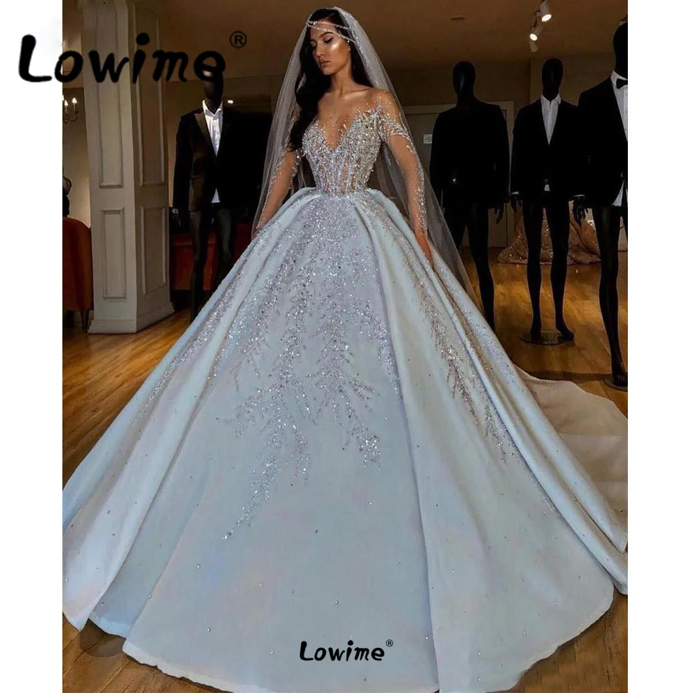 

Luxurious Glitter Dubai Arabic Sequins Beaded Wedding Dress Muslim Long Sleeves Bridal Dresses Bling Crystals Bride Dress Gowns