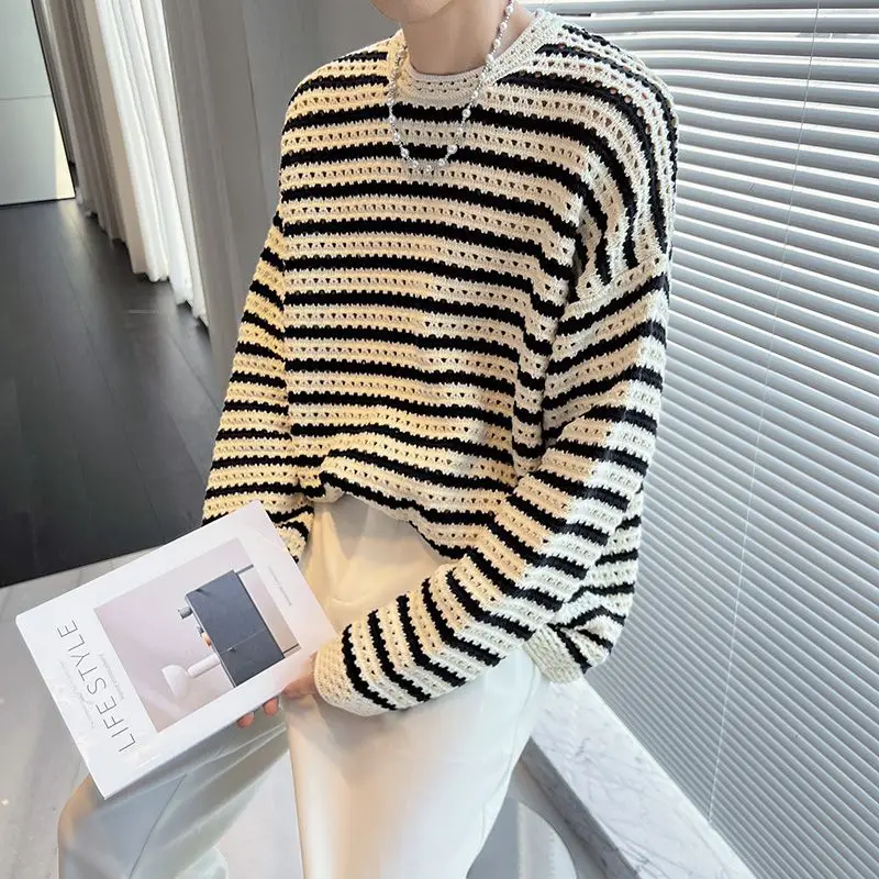 

Men's Clothing Striped Sweaters Korean Hollow Out Autumn Winter New Contrasting Colors Casual Loose Round Neck Knitted Pullovers