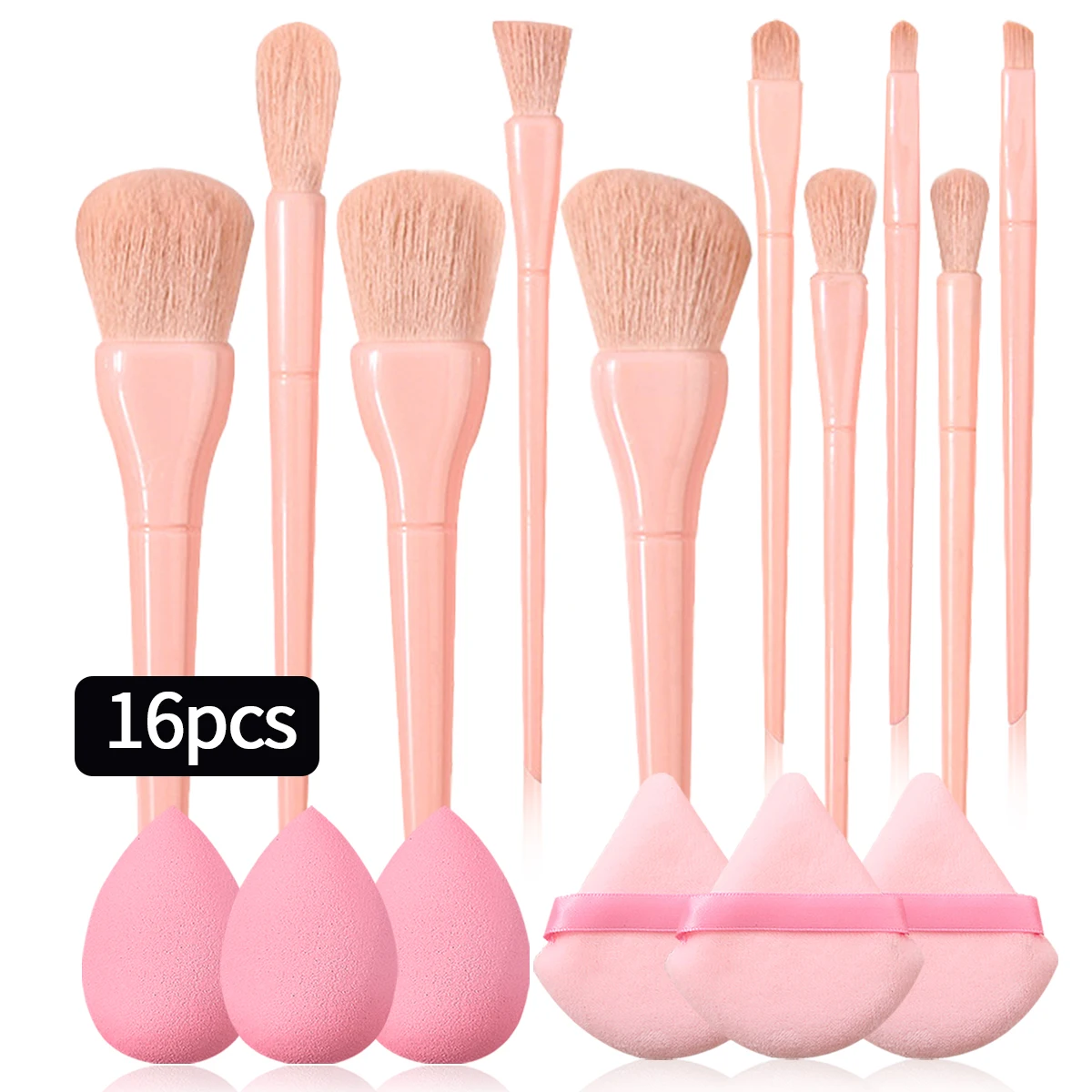 16PCS 10 makeup brushes set of beginner makeup tools +6pcs sponge set, triangular powder puff, do not eat powder makeup eggs