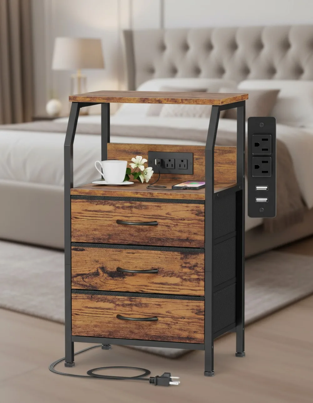 

28.3 Inch Nightstand with Charging Station, USB Ports, AC Outlets, 3 Fabric Drawers and Wood Shelf for Bedroom