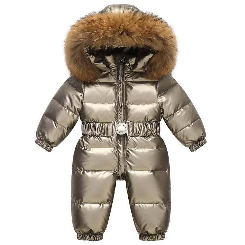 Russia Winter Kids Snowsuit Shiny Gold Silver Outdoor Duck Down Rompers Big Fur Collar Outerwear Toddler Baby Overall Jumpsuit