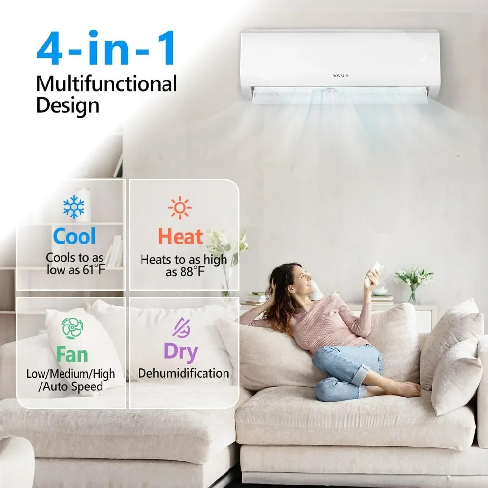 Mini condizionatore d'aria e riscaldatore split abilitati Wi-Fi da 9000 BTU, unità CA a muro senza condotto con inverter di risparmio con condensatore precarico