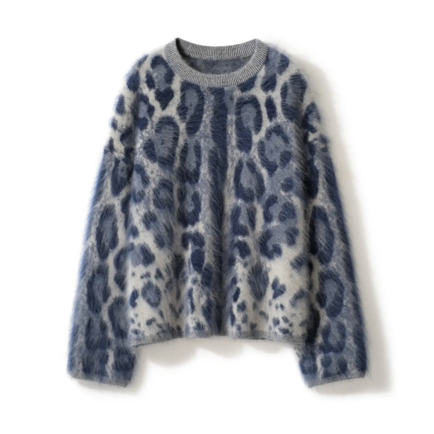 

100% pure cashmere sweater, women's leopard print fleece round-neck long-sleeved knitted sweater, thickened retro fleece sweater