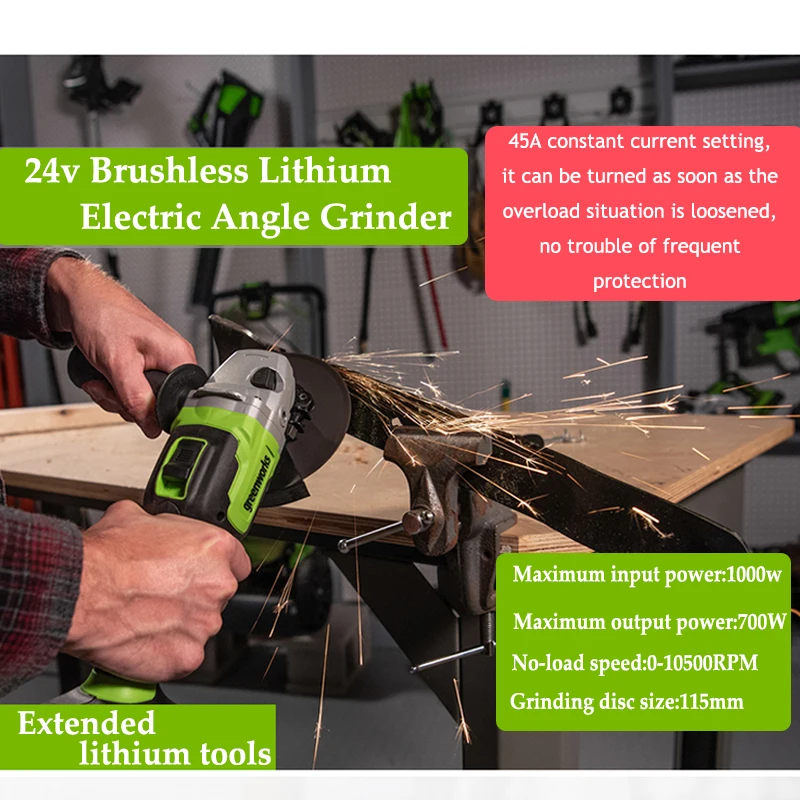 Greenworks 24V Brushless Grinder Angle 100mm Cutting Variable speed Electric Power Tool with battery charger Rechargeable