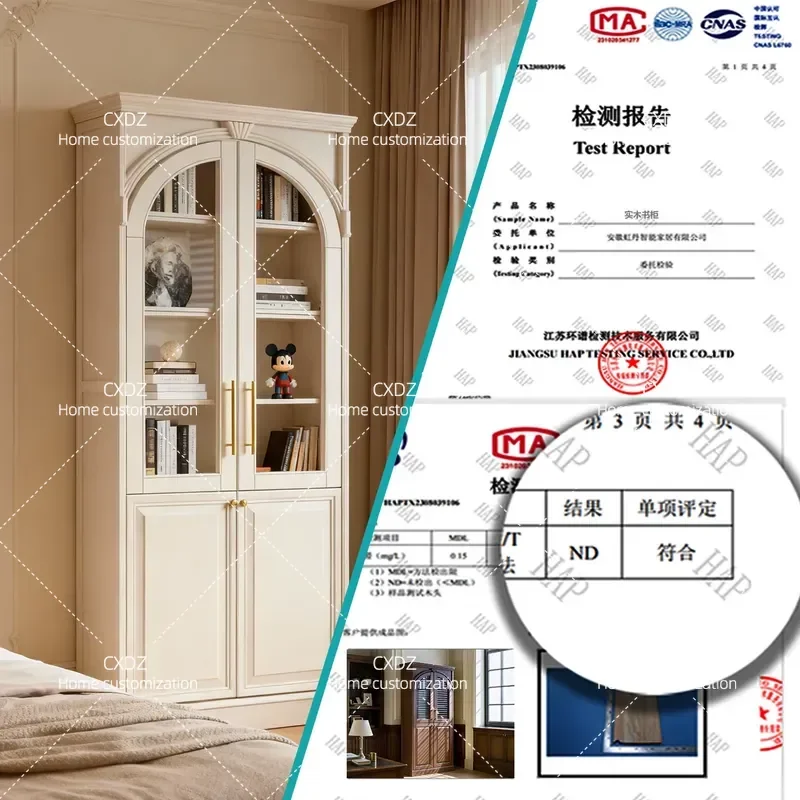 American Style Solid Wood Bookcase with Glass Door Dustproof Display Cabinet Cream Color Living Room Floor Storage Shelf