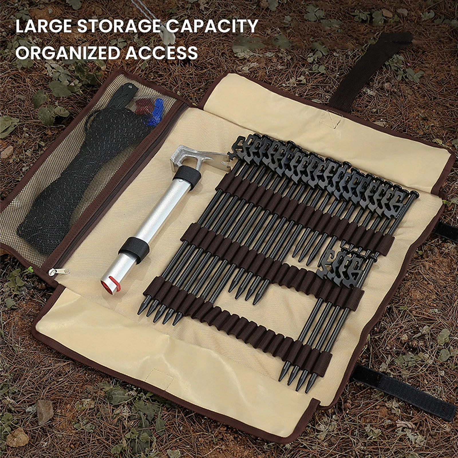 Tent Ground Nail Storage Bag Roll-up Design with Hook and Loop Fastener Folding Portable Nail Pocket for Man Backpacking Hiking