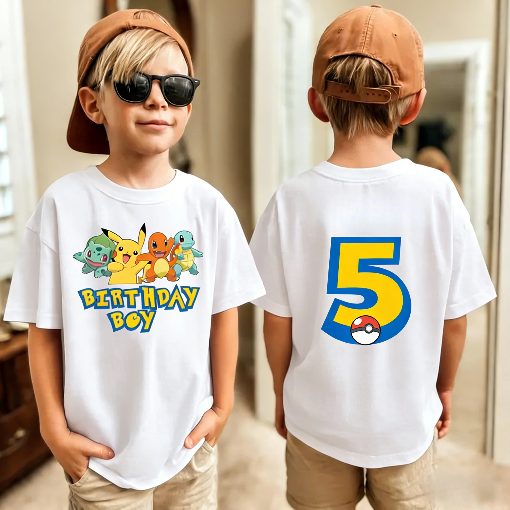 Geburtstags-T-Shirt, süßes Pikachu Pokémon 3-9 bedrucktes T-Shirt, Unisex, Sommer, Y2K, Harajuku, lockere Kurzarm-Eltern-Kind-Kleidung – Detail 10